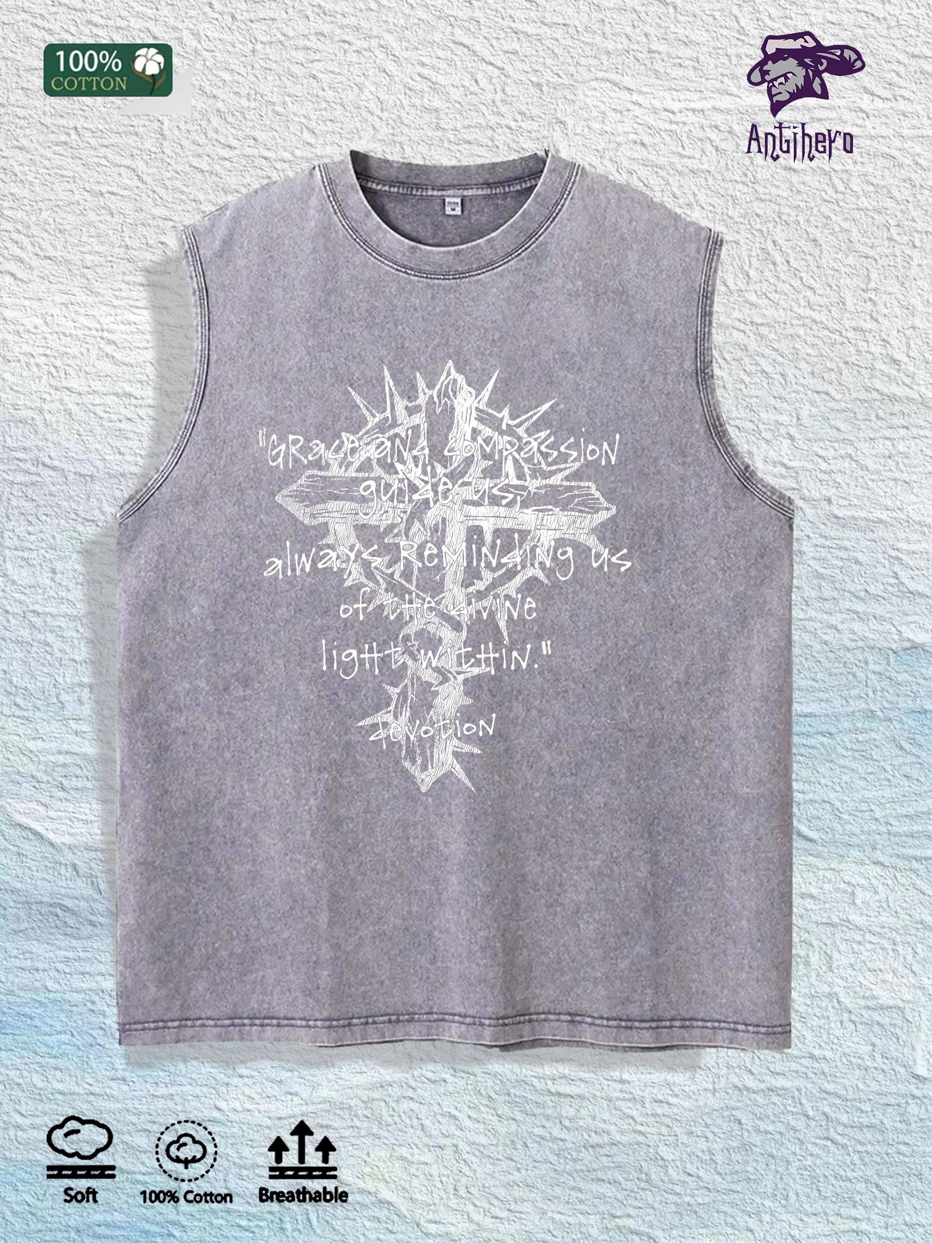 Grace Compassion Cross Graphic Washed Vest US Warehouse 3 Colors Cotton Tank
