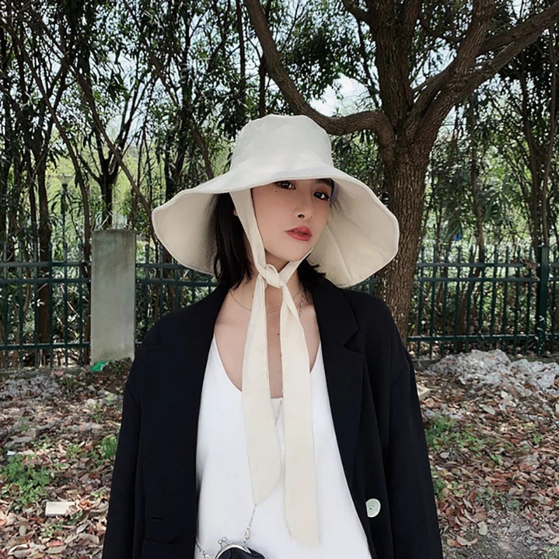 Japan and South Korea Big Brim Hat Women's Spring Summer Foldable Travel Sun Hat Cotton Linen Round Bandage Bow Fisherman Hat