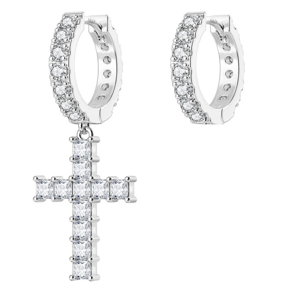 14K Gold Plated Dangle Cross Earring 925 Sterling Silver Women Men Birthday Gift CHRISTIAN 5A CZ Cubic Zirconia Hoop Earring