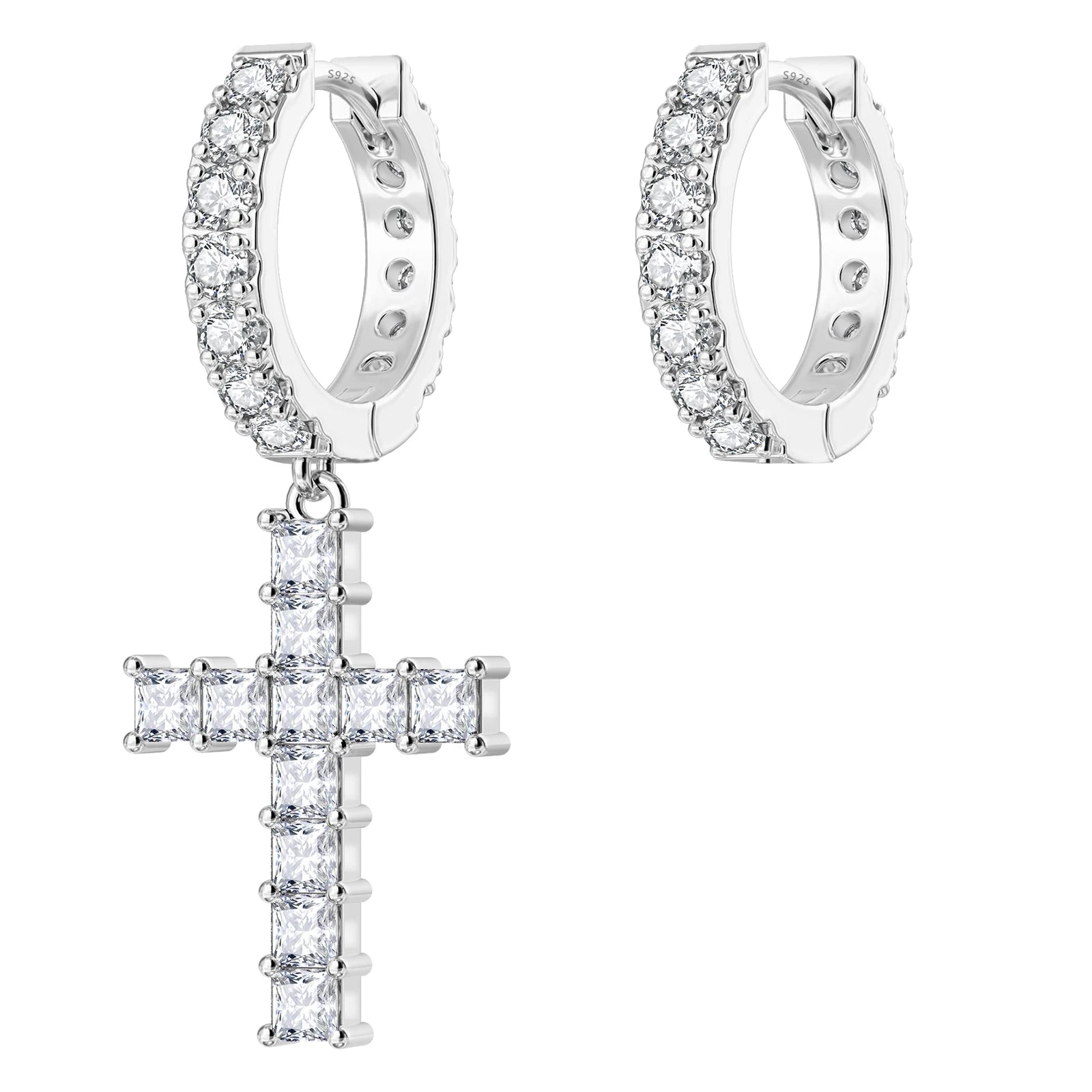 14K Gold Plated Dangle Cross Earring 925 Sterling Silver Women Men Birthday Gift CHRISTIAN 5A CZ Cubic Zirconia Hoop Earring