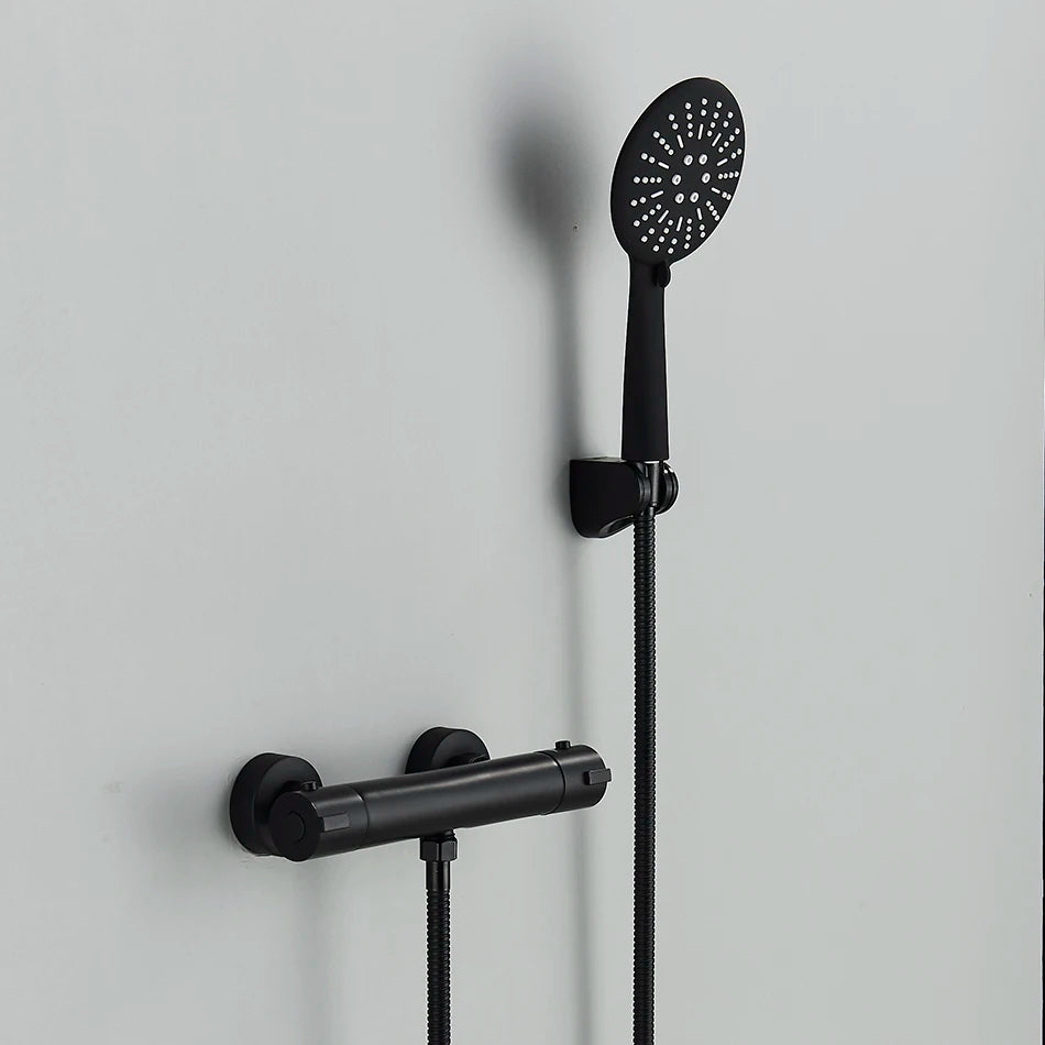 Thermostatic Shower Set Black/Chrome Brass Wall Mounted Bathroom Shower Thermostat Mixer Valve Handle Spray Bathroom Accessories