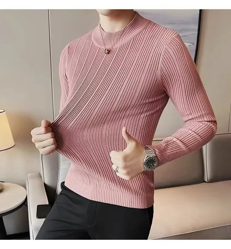 S-3XL Striped Versatile Men's Half High Neck Long Sleeve Sweater Mid Neck Slim Knit Bottom Shirt