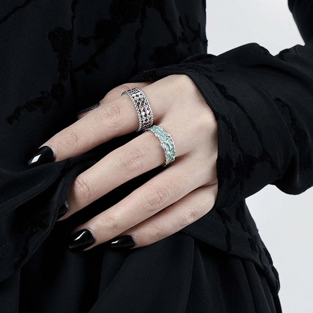 FUAMAY Fashion Designer 925 Sterling Silver Wide Ring Irregular Grain Mint Green  Enameled Rings