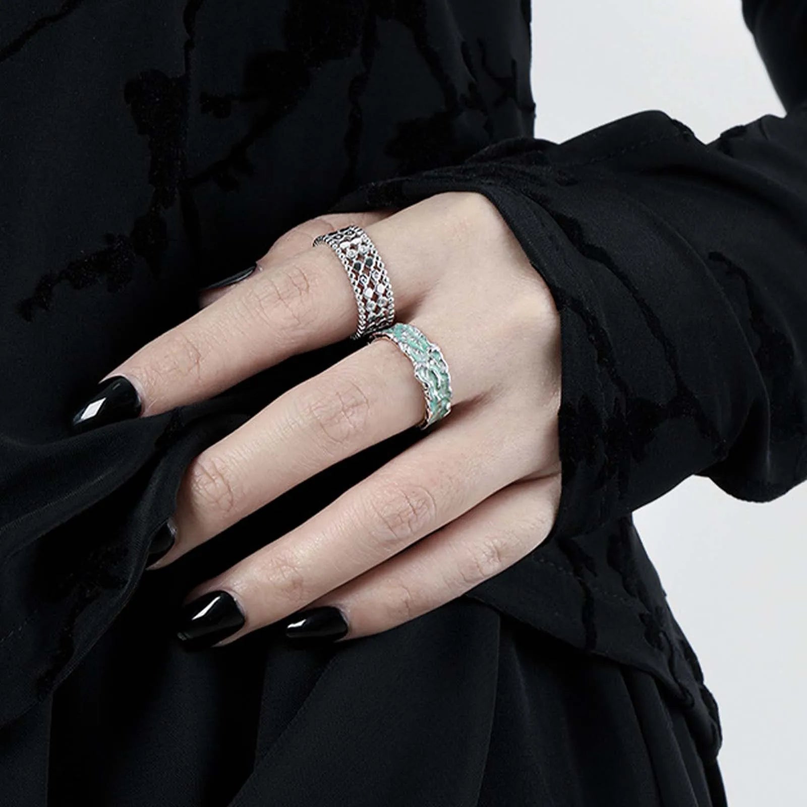 FUAMAY Fashion Designer 925 Sterling Silver Wide Ring Irregular Grain Mint Green  Enameled Rings