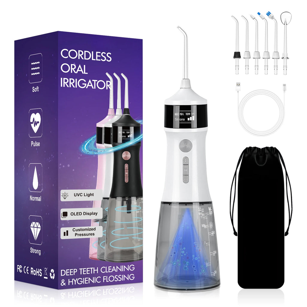 New Design Electric Cordless 4 Modes Portable Dental Water Flosser IPX7 Waterproof Rechargeable Luxury for 6 Nozzles Household