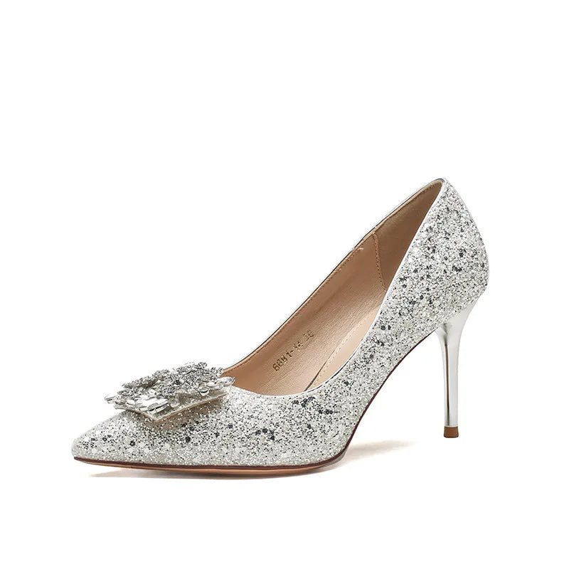 6681-15 Solid Bridal Pumps Pointed Toe Stiletto Heel Glitter Rhinestone Wedding Shoes Women's Elegant Party Shoes