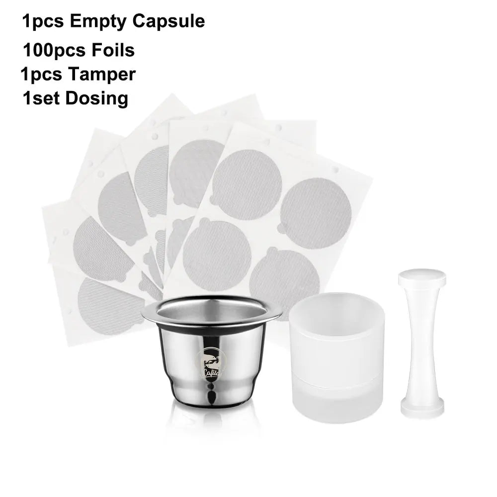 Icafilar Reusable Coffee Capsule Pod for Nespresso Stainless Steel Espresso Crema Coffee Filter Aluminum Foils Lid Tamper Dosing