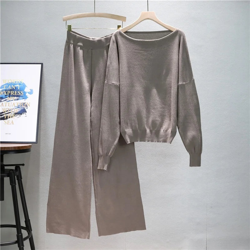 Fashion Casual Suit Women's Spring Loose Knit Sweater Wide Leg Pants Two-piece Set