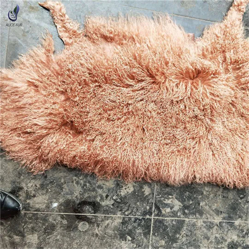Long Hair Curly Real Mongolian Tanned Sheep Fur Pelt for Garment Use