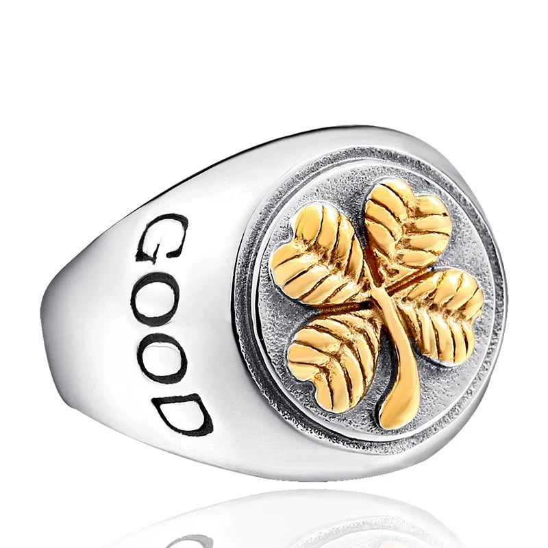 OAHLAN Trendy Lucky Four Leaf Clover Inlay Silver/Gold Plated Stainless Steel Rings for Men Engagement & Anniversary