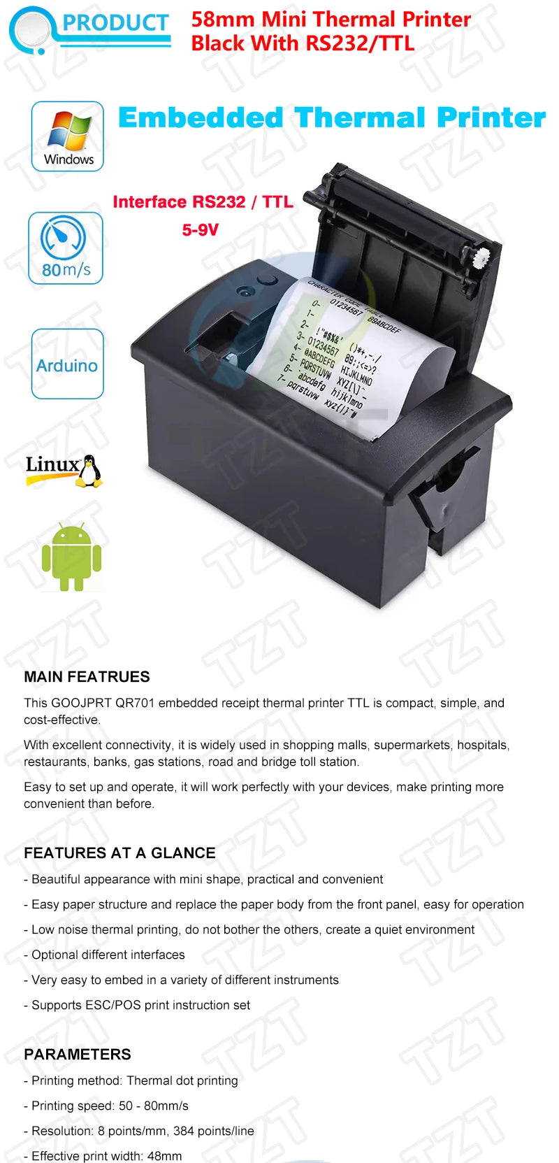 58mm mini thermal printer Embedded POS Receipt Tickets Printer with interface  RS232 / TTL use with 5v-9v for arduino android