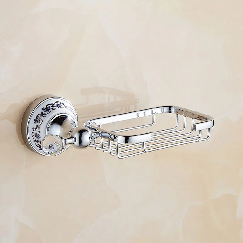European Antique Blue and White Porcelain Chrome Finish Bathroom Hardware Set Silver&Crystal Towel Rack Bar Hook Basket Rack 5