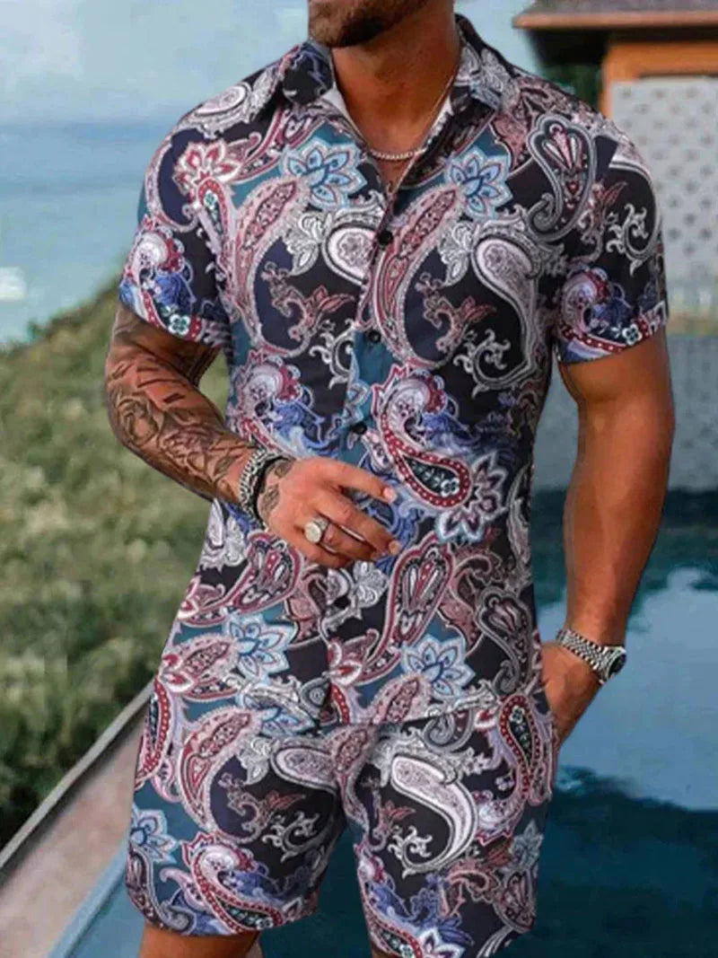 New Men Sets Print Patchwork Lapel Short Sleeve Casual Shirt Beach Shorts Summer Men Streetwear Vacation Hawaiian Suits