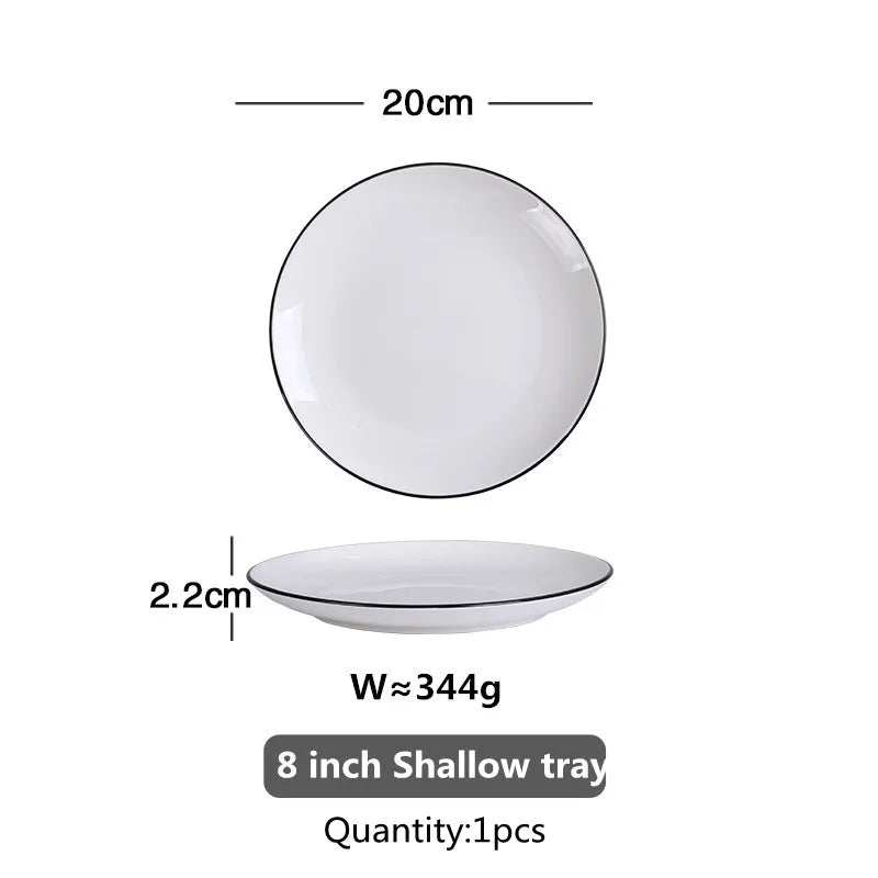 Black Rim White Ceramic Dinner Tray, Kitchen Plate, Tableware, Food Dishes, Soup Bowl,  Kitchen Cook Tool, 1 Piece Sale
