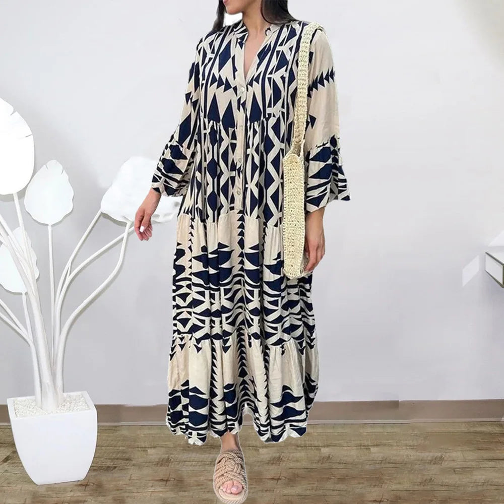 Summer New Women'S Wear V-Neck Maxi Long Dress Vintage Printed Pattern High Waist Long Dress