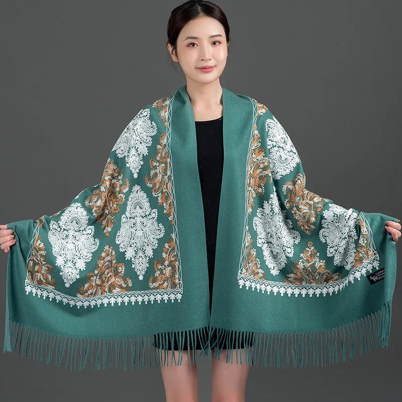 Women's Thick Warm Cashmere Winter Poncho Scarf Long Shawl Delicate Embroidery Wholesale Traditional Scarves Shawls Supplier