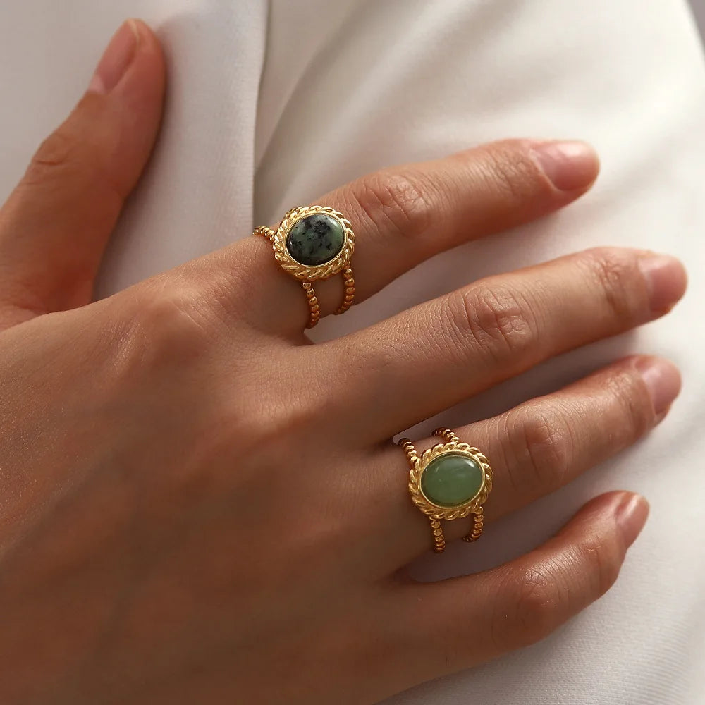 Fashion 18K Gold Plated Adjustable Open Ring Natural Stone Stainless Steel Turquoise Minimalist Rings Jewelry for Women Gift