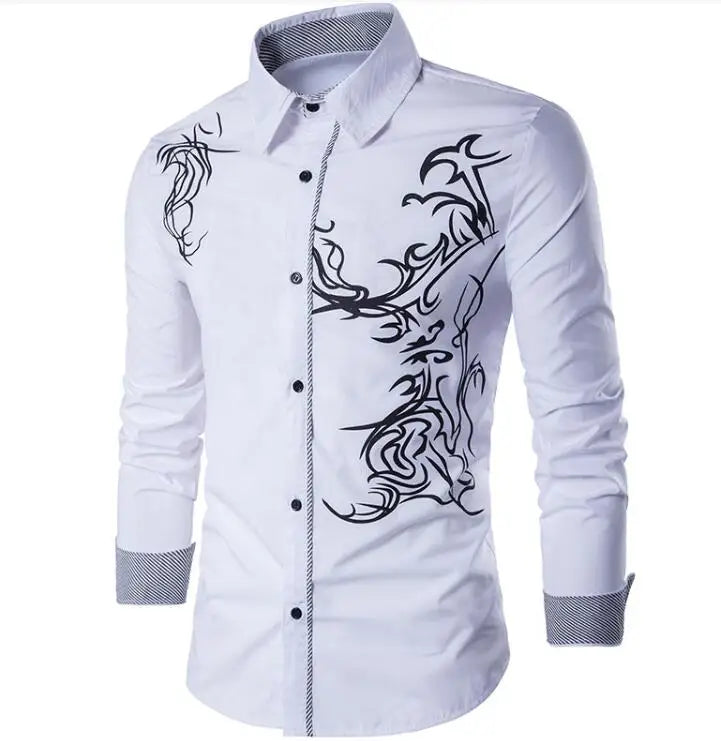 New Hot Chinese Style Dragon Pattern Print Long-sleeves Shirt Men's Social Business Slim-fit Lapel Shirt Male Tops