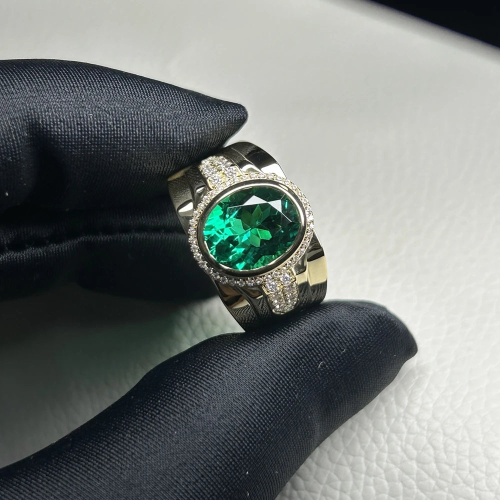 18K Solid Yellow Gold Rings 4 CTS 9.5x11.5mm Lab Green Oval Cut Emerald Gemstone Mens Ring