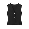 ZATRHMBM Women's 2024 Summer Fashion Gold Button Trim Knitted Vest Top Retro Sleeveless V-neck Elegant Casual Ladies Vest
