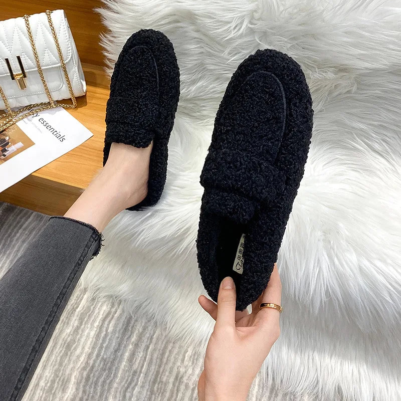 Winter Warm Plush Mules Women One Band Fur Slippers Cozy Cotton Shoes Woman Flats Cover Toe Fleeces Slides Femme Wool Pantuflas