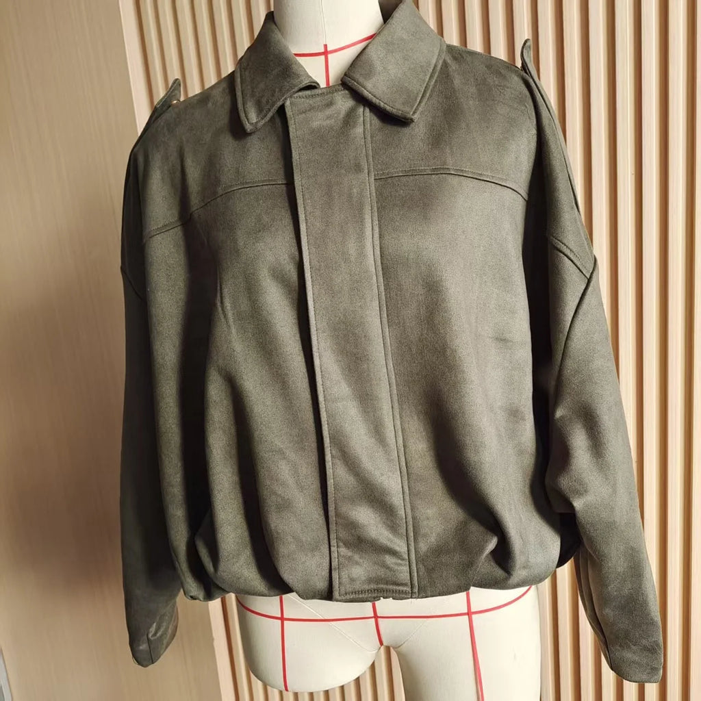 OUDINA Wholesale New Casual Zipper Green Suede Texture Effect Coat Windbreaker Bomber Varsity Jacket Women's Jackets