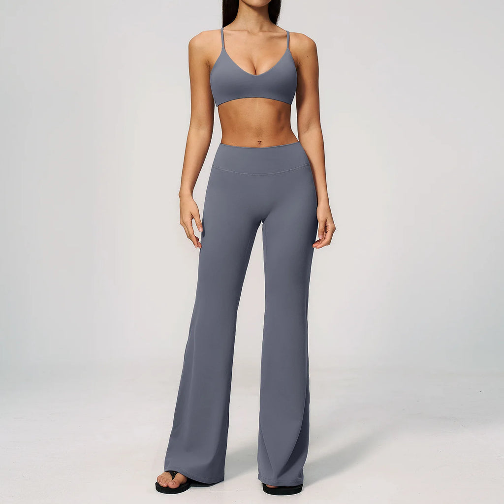 Textured Spandex/Nylon Workout Clothes Soft Sportswear Set Deep V-Neck High-Waisted Tummy-Control Solid Sweat-Wicking Two-Piece