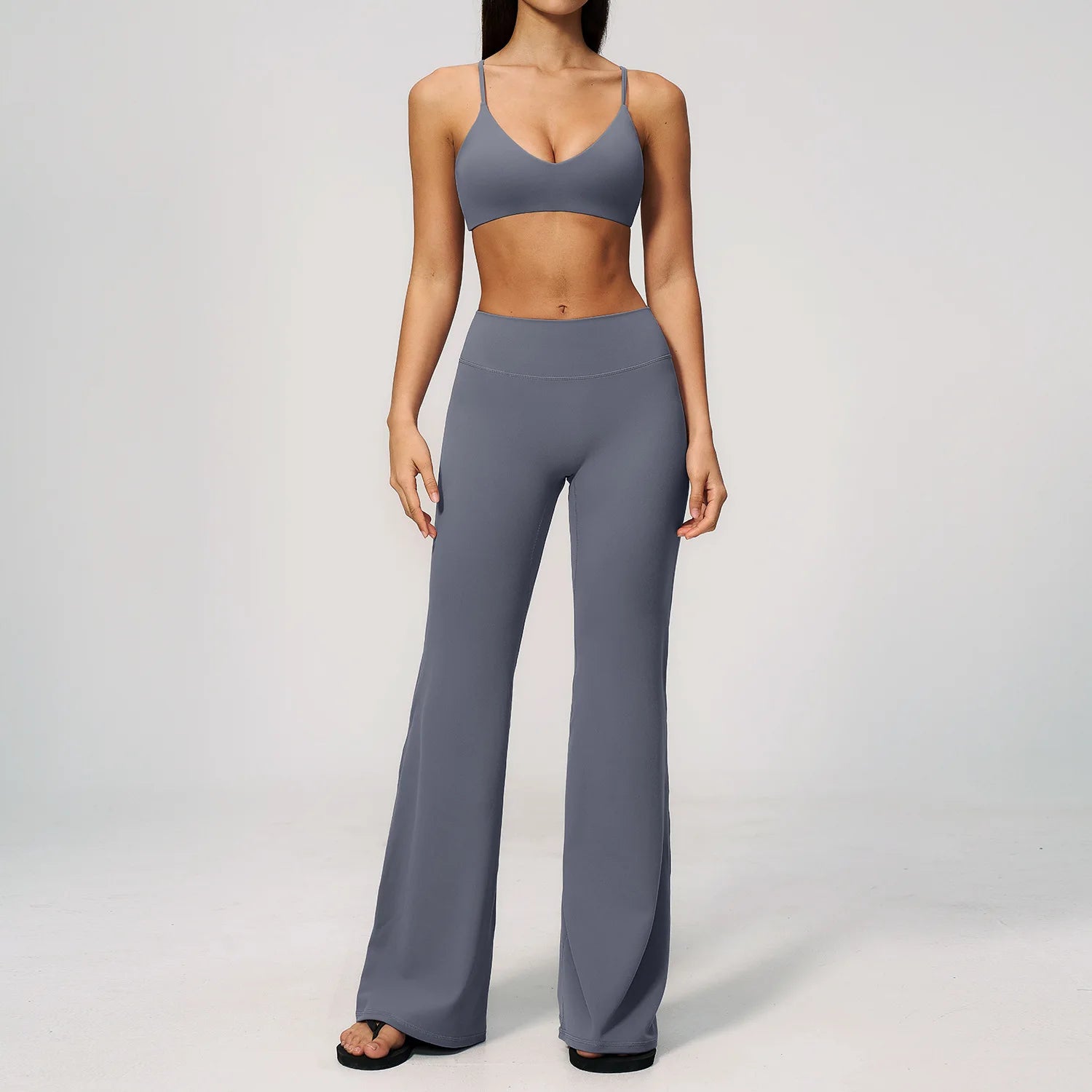 Textured Spandex/Nylon Workout Clothes Soft Sportswear Set Deep V-Neck High-Waisted Tummy-Control Solid Sweat-Wicking Two-Piece
