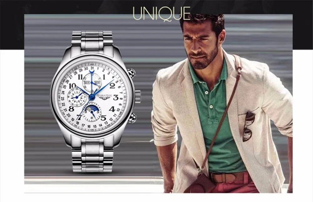 GUANQIN Leather Steel Mechanical Sapphire Men Watches Top Brand Luxury Waterproof Automatic Wristwatch Calendar Moon Phase