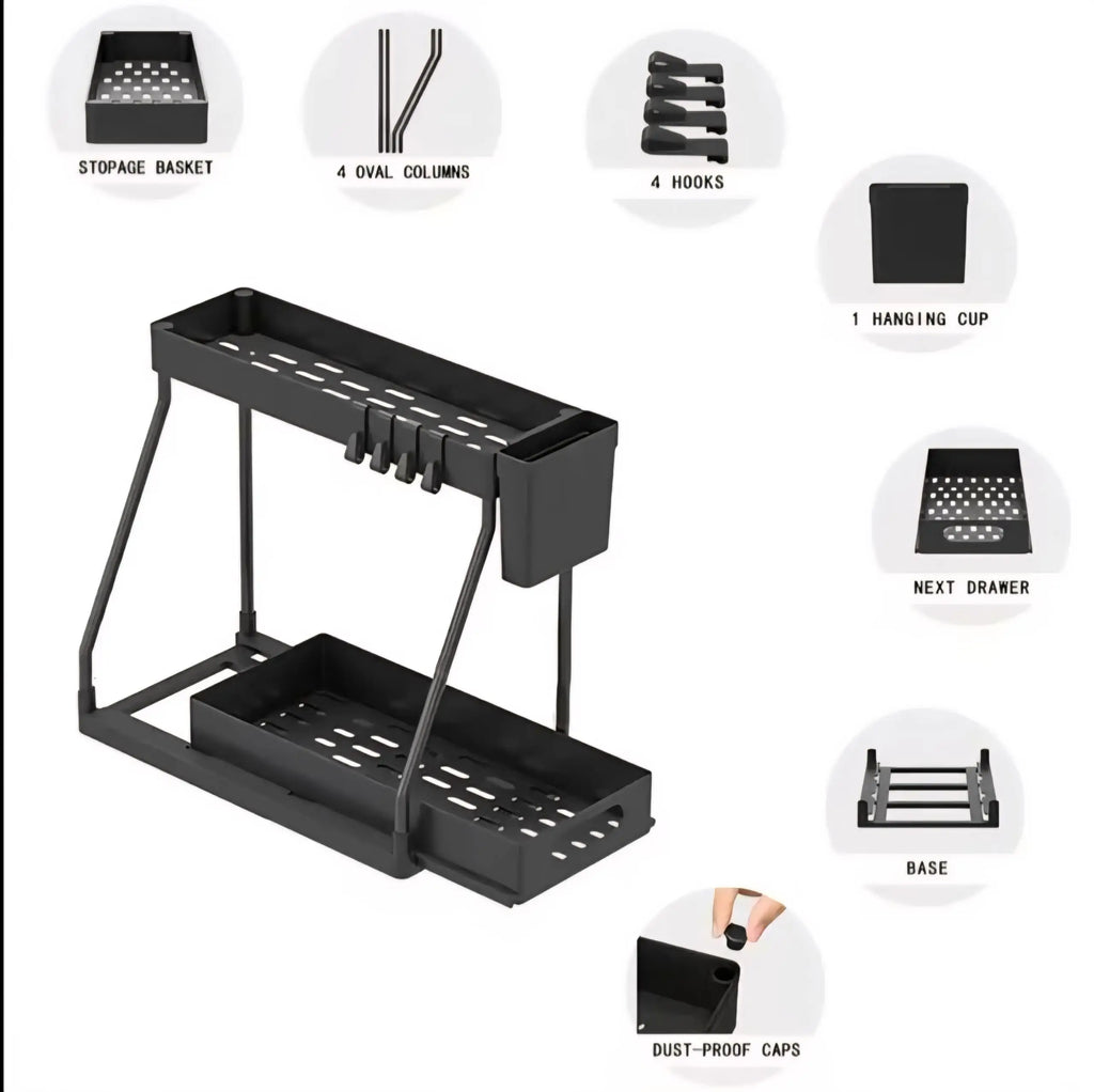 Hot Multi-functional 2 Tier Under Sink Kitchen Storage Organizer Countertop Rack Storage Containers Hooks Hanging Cup