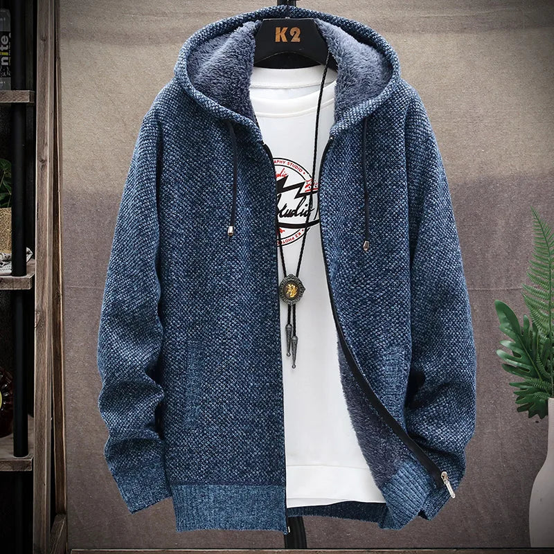 Autumn Winter Men's Sweaters Hooded Knit Cardigan Korean Sweaters Jacket Fleece Lined Hoodies Windbreaker Coat