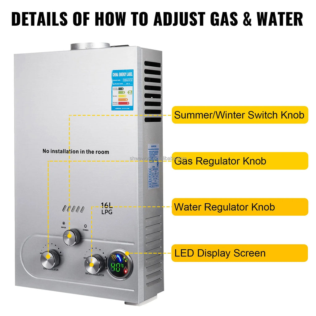 20L Instant Tankless Gas Water Heater with Water Filter Propane Gas Regulator & Hose Compatible