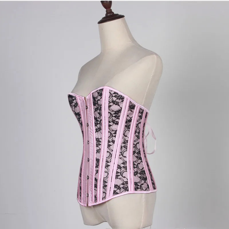 Pink Corset Top Lingerie Women Sexy Lace Floral Boned Overbust Bustier Waist Cincher Body Shaper Burlesque Corselet Sexy Costume