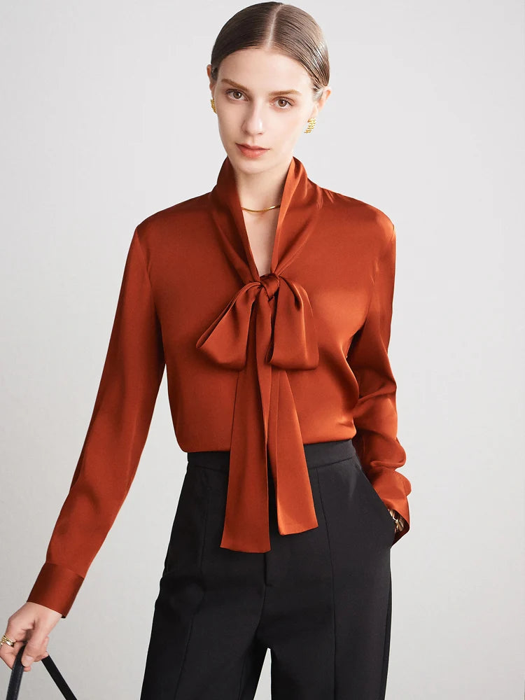 SuyaDream Women's Silk Blouse Long Sleeve Bow Collar Office Chic Solid Color Shirt 93% Silk 7% Spandex Spring 2025