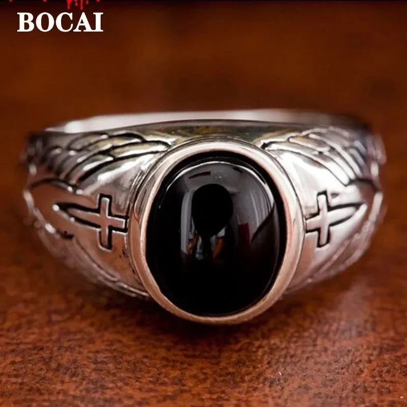 BOCAI Vintage Thai Angel Wing Cross S925 Silver Rings for Men Women Natural Black Agate Trendy Birthday Gifts Heart Pattern
