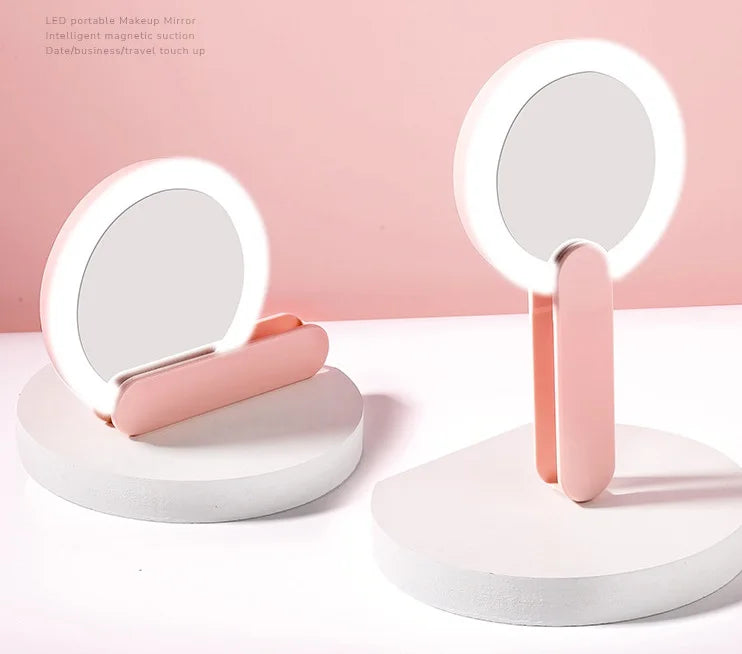 Portable Handheld Tabletop LED Mirror Compact Rechargeable Pocket Makeup Mirror with Lights Personalized Features