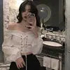 Womens Off Shoulder Top Long Sleeve Ruffle Vintage Blouse With Puff Sleeves Lace up Ladies Tops Bandage Crop Tops