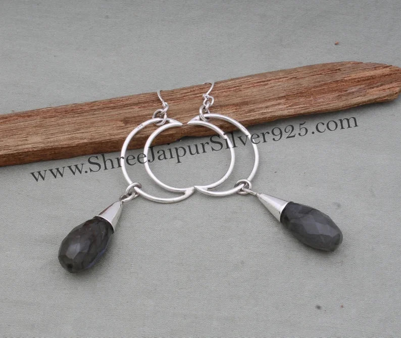 Handmade 925 Sterling Silver Labradorite Teardrop Hoop Earrings for Women Rhodium Plated Minimalist Bezel Setting Wedding Fine