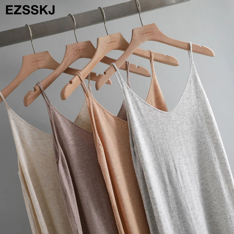 Ezsskj Spring summer 2020 Woman Knitted Tank Dress Casual Long Camisole Vest dress Women Loose  cashmere maix a-line dress