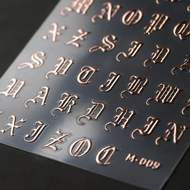 2D Laser Nail Stickers New Embossed Gold Foil Nail Decals Gothic Letter Rose Gold Nail Art Stickers