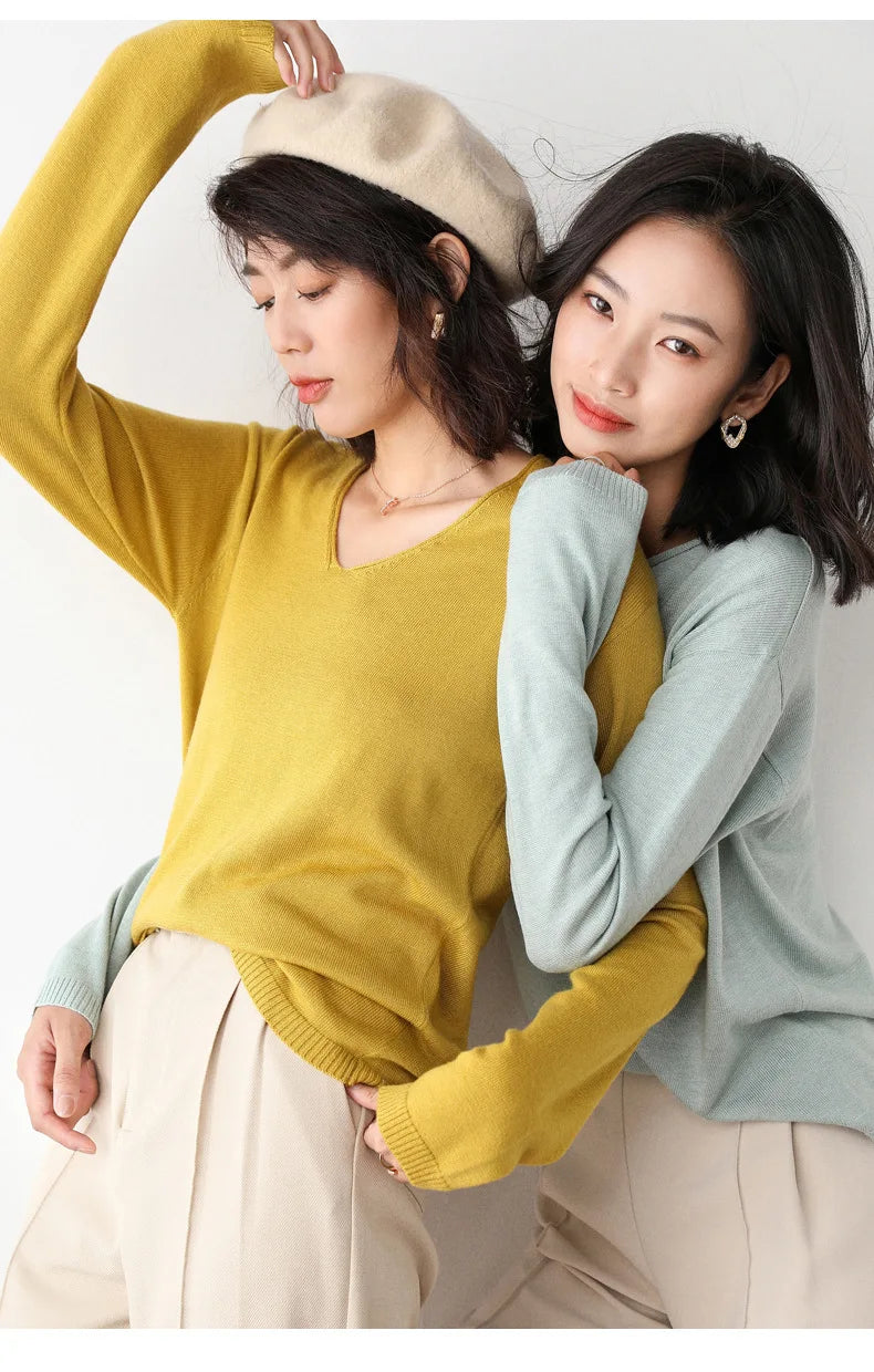 2025 Spring Autumn Womens Sweater Solid Knitwear Korean Loose Female Basic Casual Jumpers Stretch Pullover Sky Blue Pink Sweater