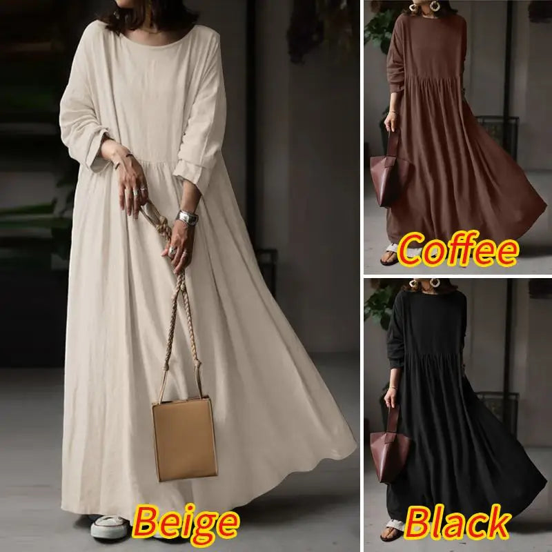 Autumn Women Sundress ZANZEA 2023 Vintage Solid Dresses Female Cotton Robe Casual Long Sleeve Pleated Maxi Vestidos Kaftan