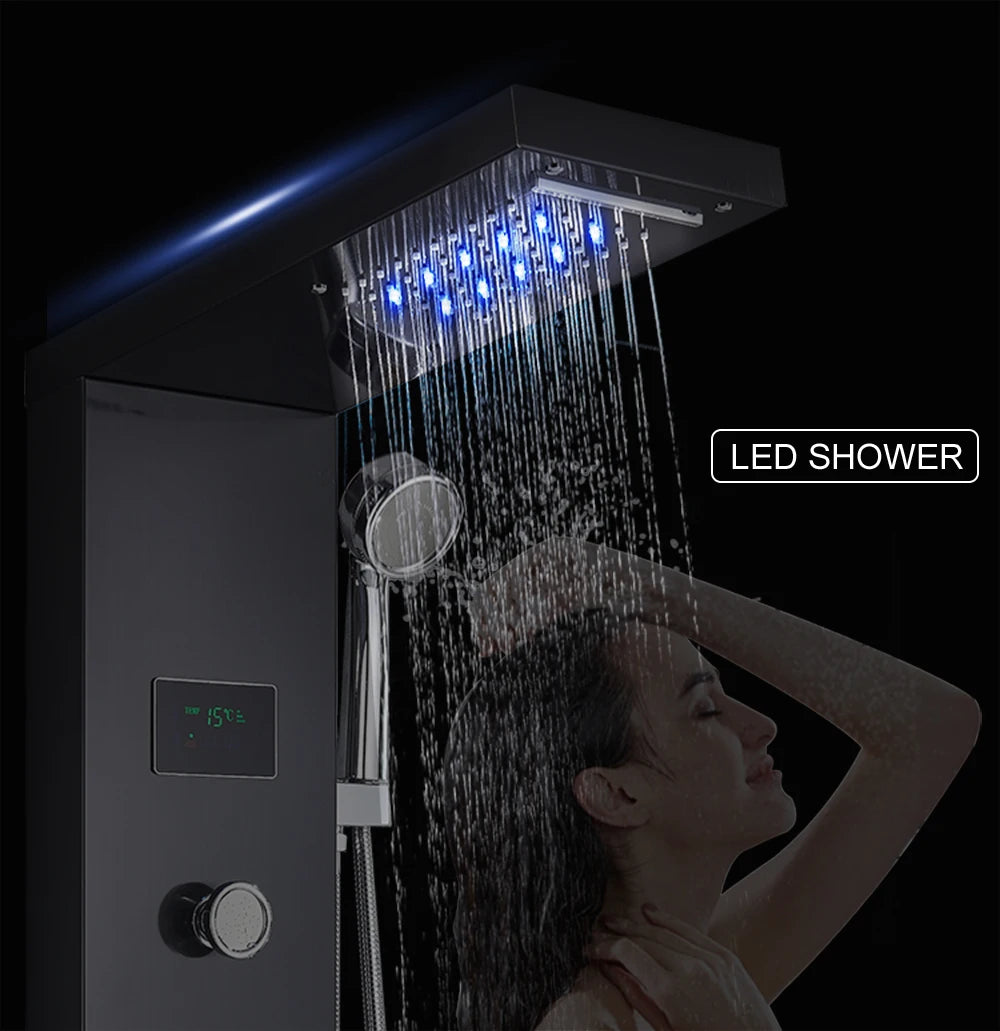 LED Shower Panel Waterfall Rain Digital Display Shower Faucet Set SPA Massage Jet Bathroom Column Mixer Tap Tower System