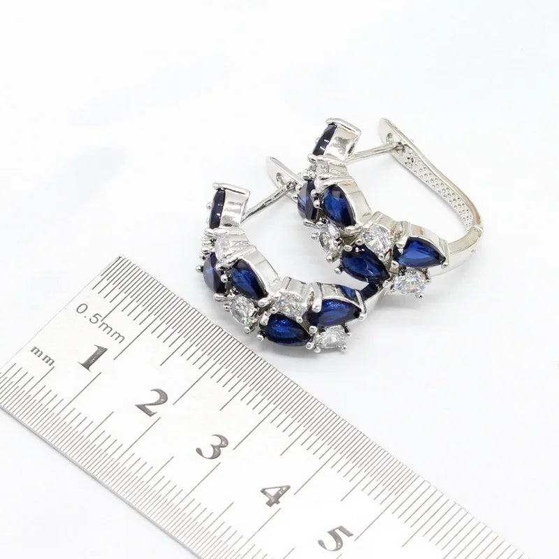 Dark Blue Sapphire 925 Silver Jewelry Set for Women Hoop Earrings Bracelet Rings Necklace Pendant for Parties Weddings Birthday