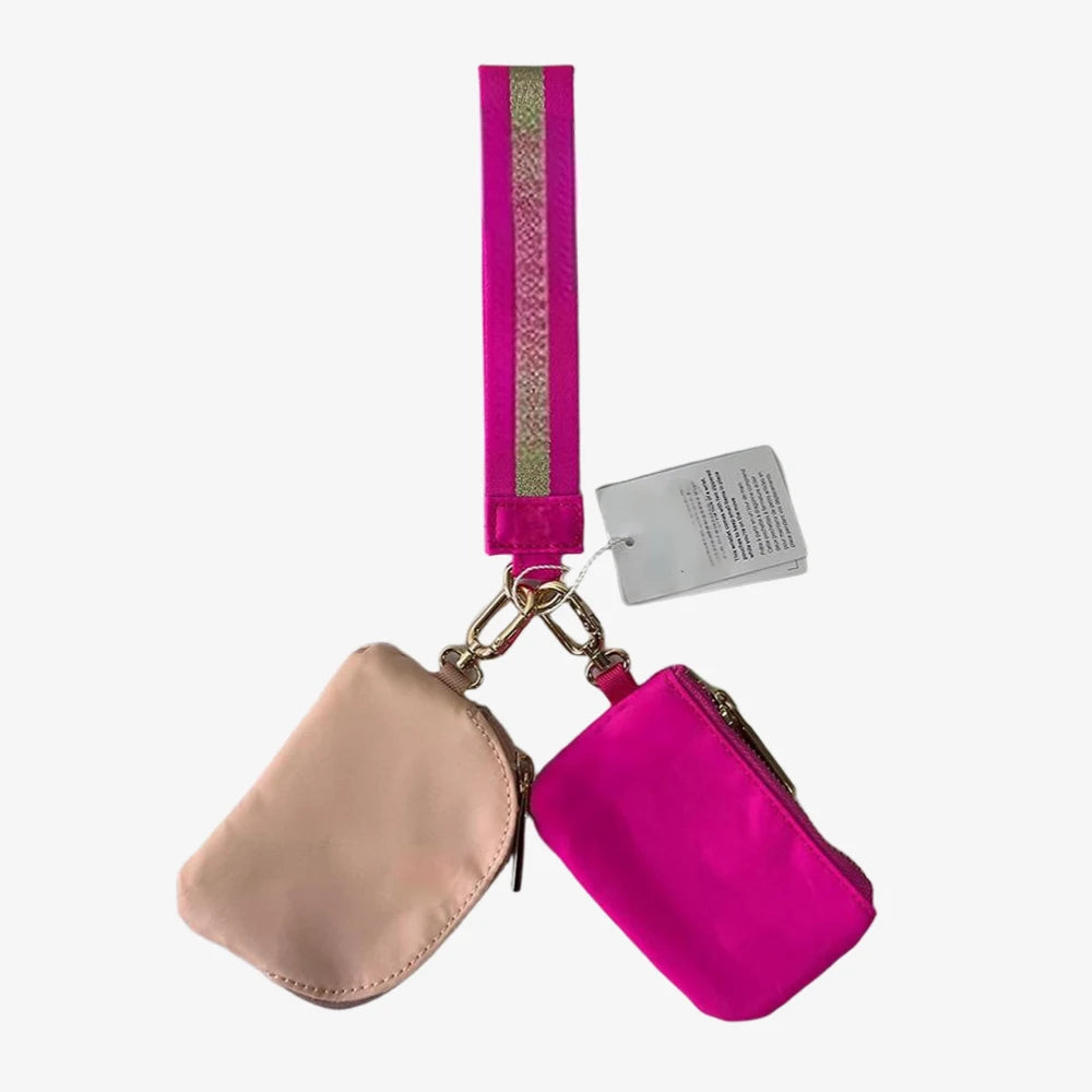 Light Weight Nylon Zipper Dual Pouch Portable Business Wristlet Hanging Keychain Bag in USA Overseas Warehouse