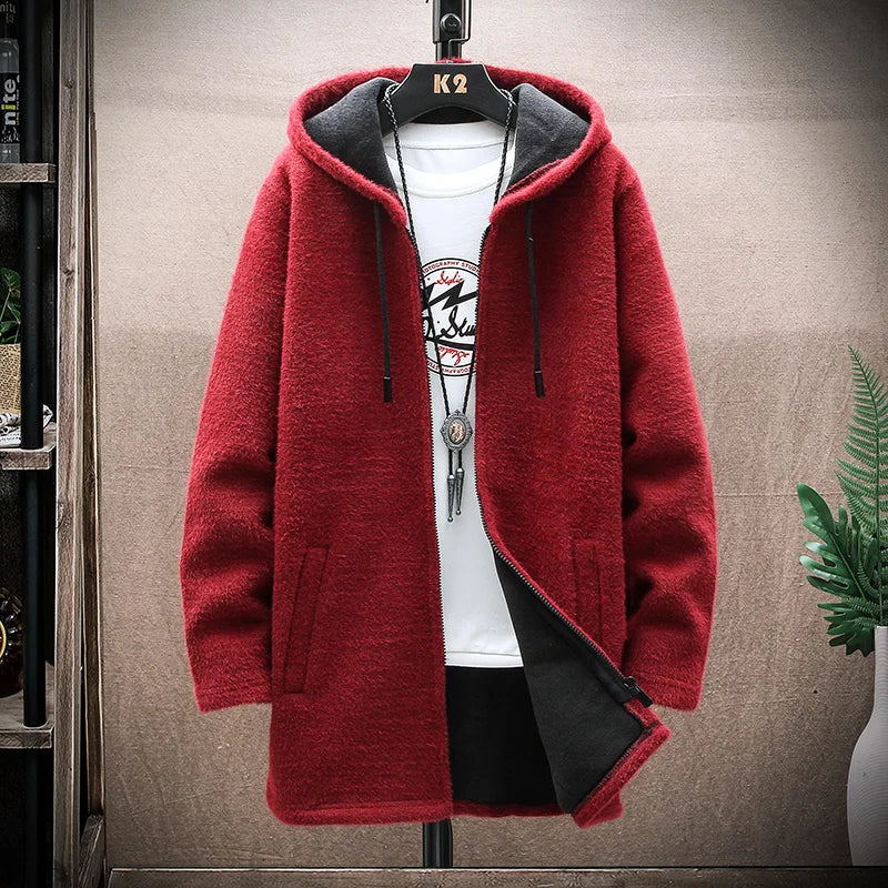 Mens Long Knit Cardigan Autumn Winter Sweater Coat Fleece Heavy Hooded Trench Coat Solid Chenille Men's Fashion Jacket