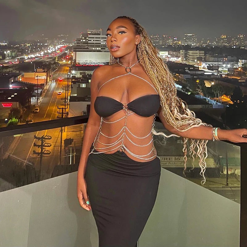 Hugcitar Pure Color Chain Halter Bandage Sleeveless Backless Revealing Slim Maxi Dress Fall Women Fashion Elegant Party Y2K