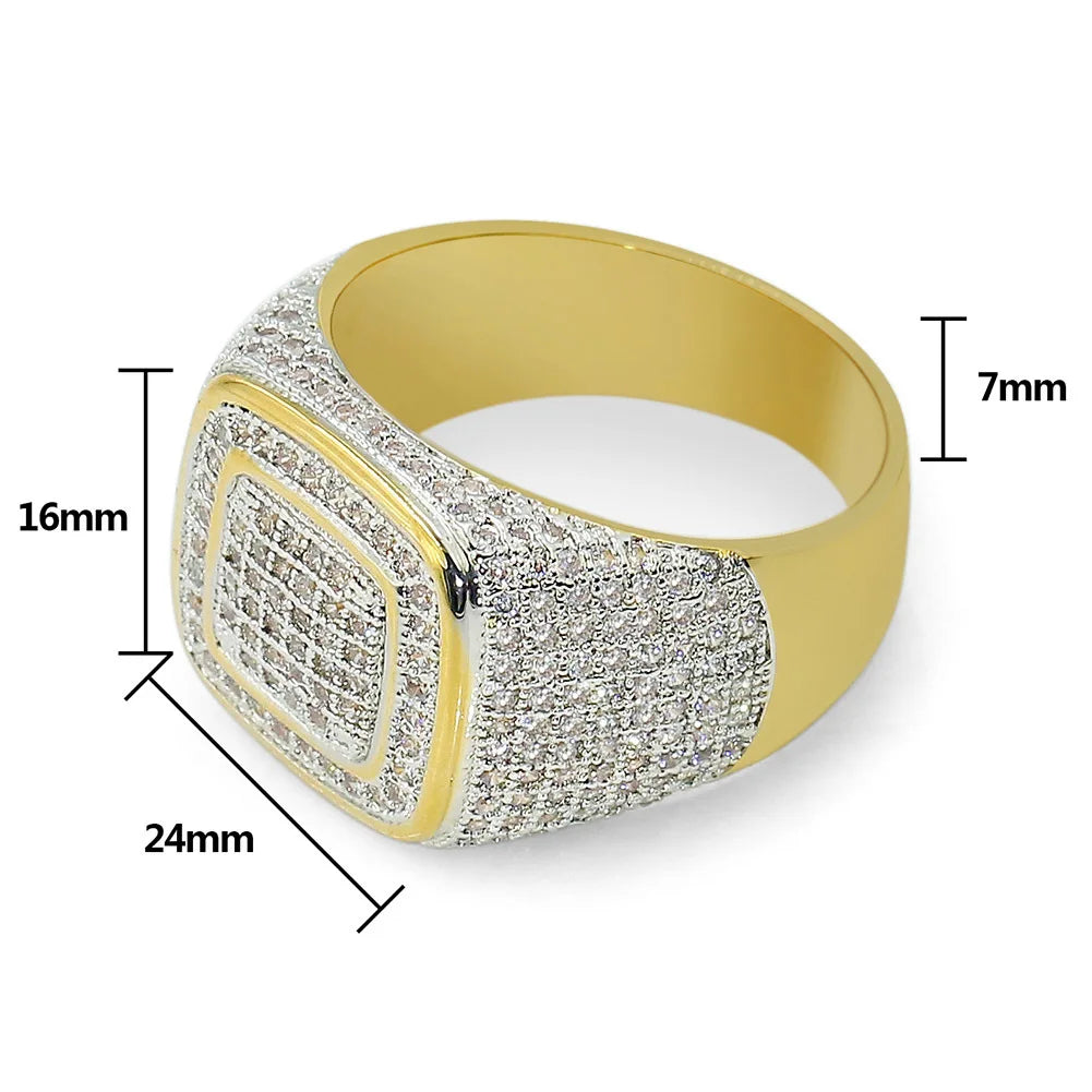 Round Square Shape Cubic Zircon Ring Brass Material Gold Silver Plated Iced Out Full CZ Hip Hop Rings Men's Fashion Jewelry
