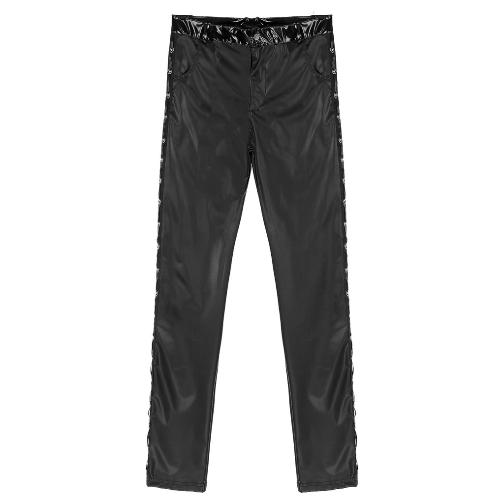 Men Latex Leather Pants Low Waist Faux Leather Shiny Pants Fashion Tight Trousers for Club Stage Show Rock Band Performance