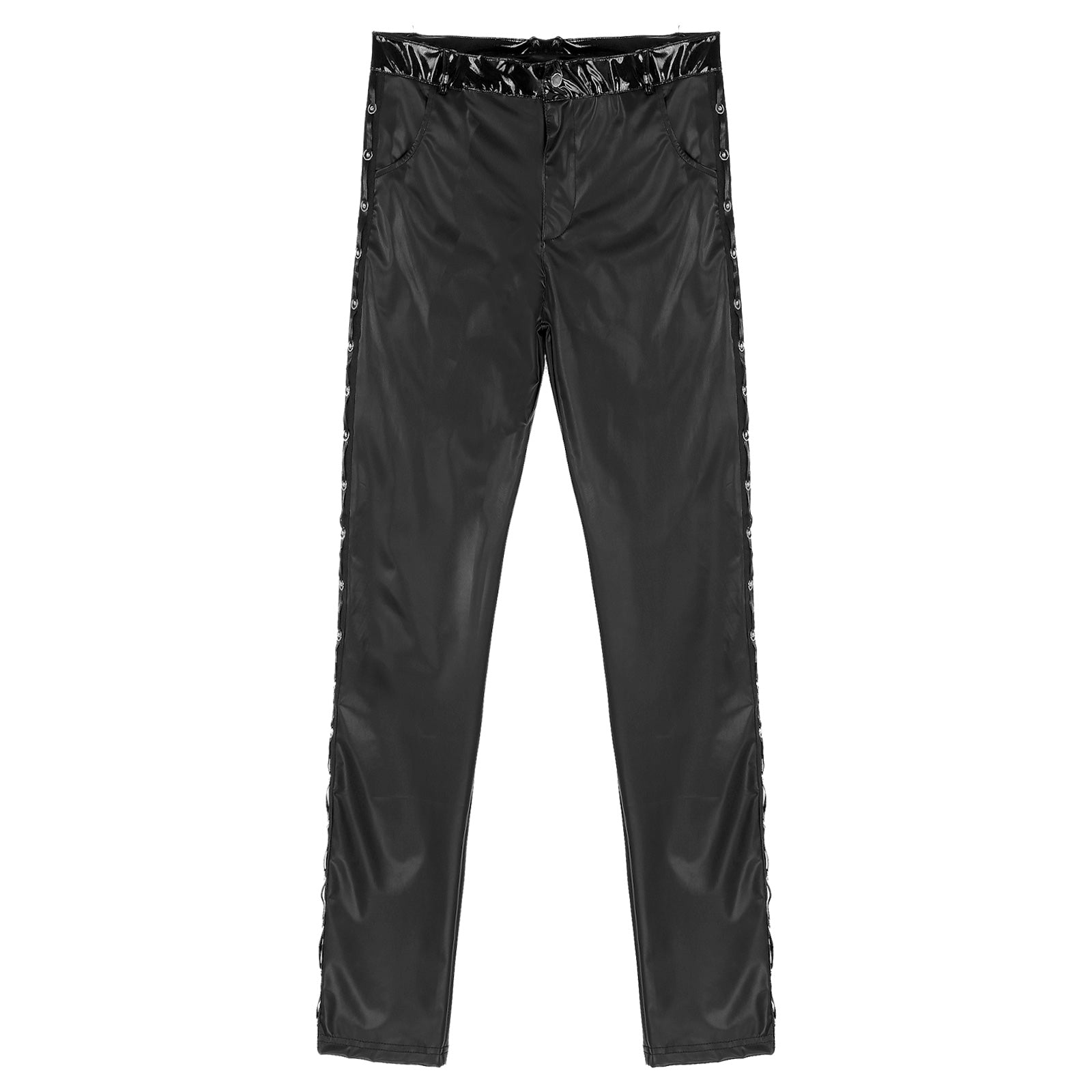 Men Latex Leather Pants Low Waist Faux Leather Shiny Pants Fashion Tight Trousers for Club Stage Show Rock Band Performance